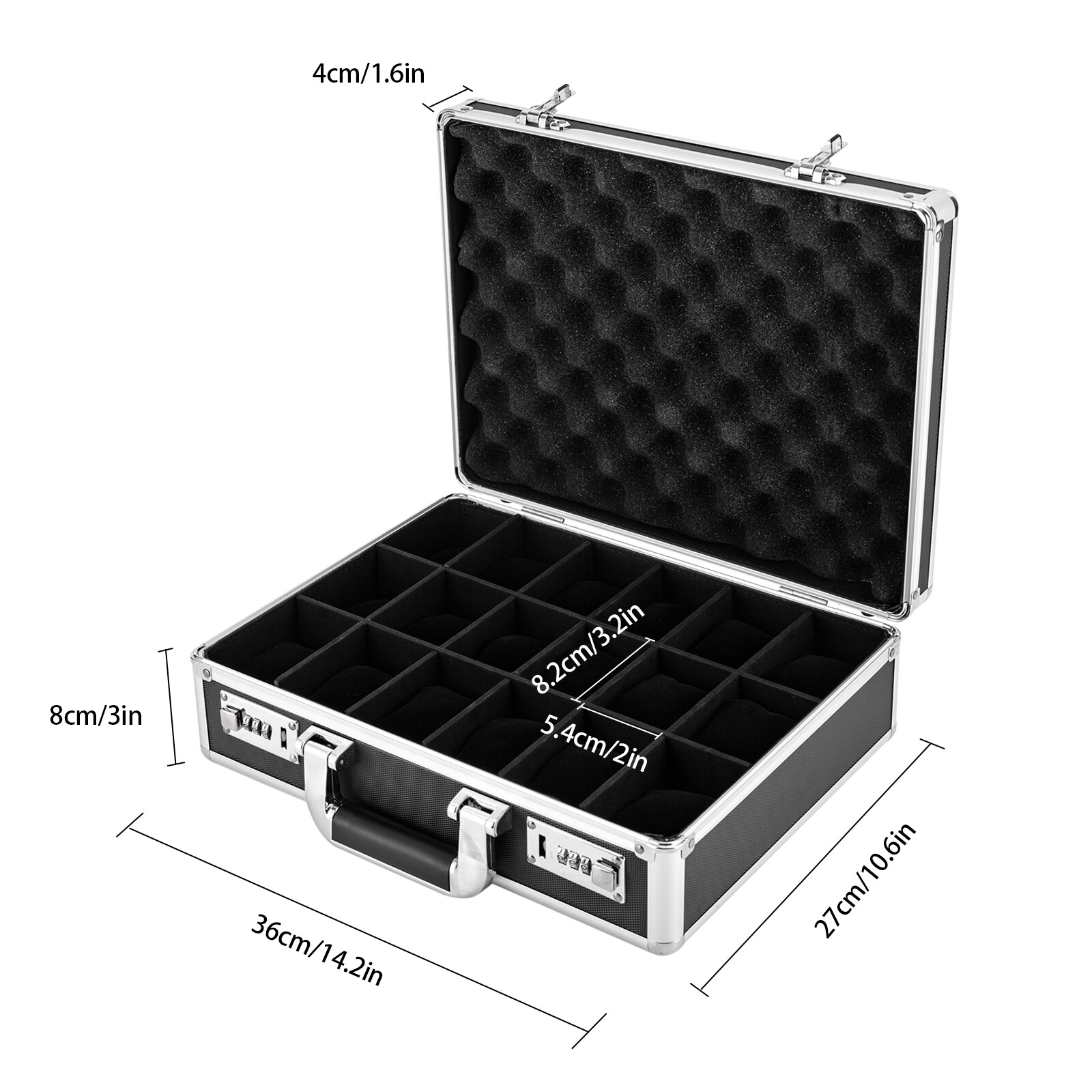 18 Slots Locking Display Briefcase Watches Collectors Display Storage Watch Box