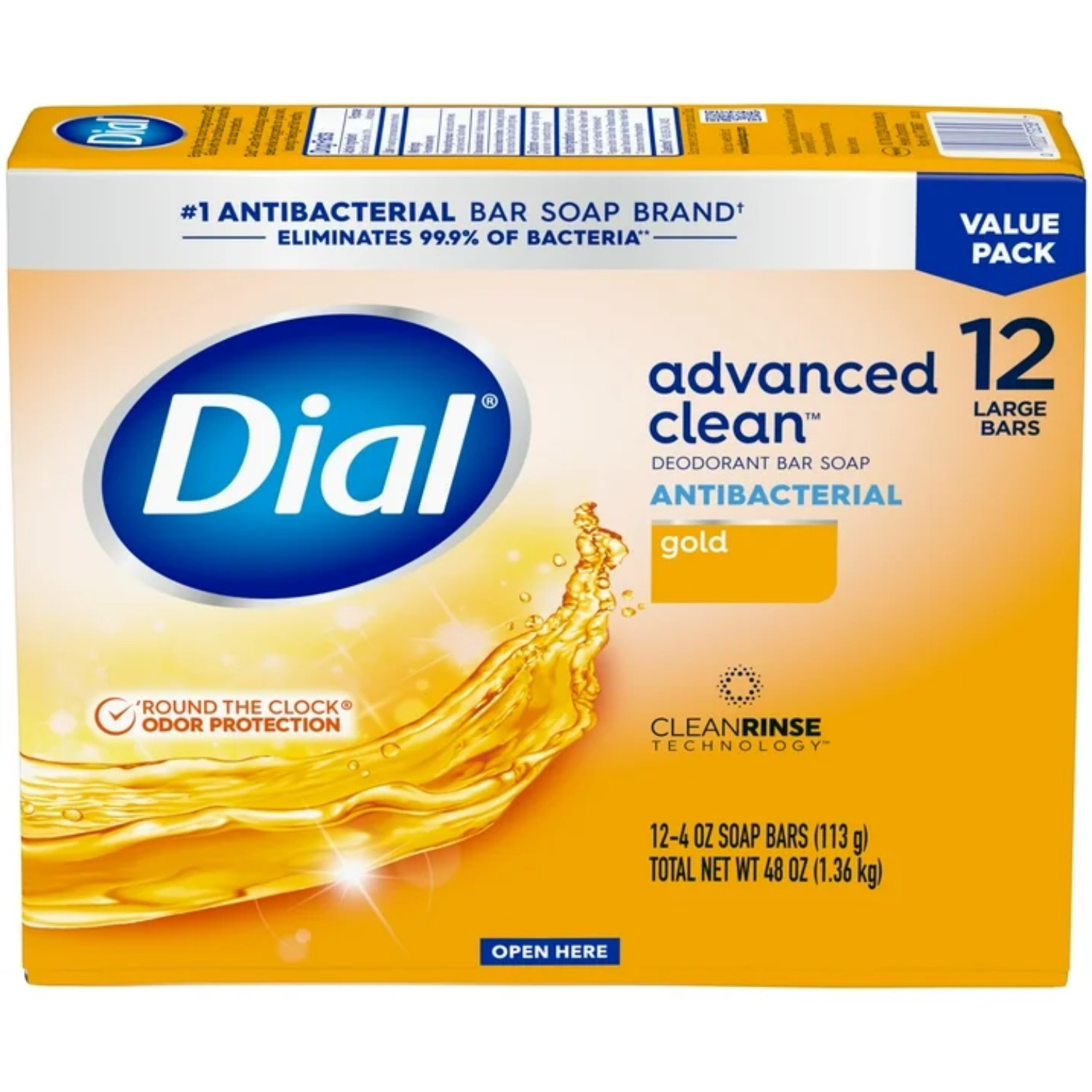 Dial Antibacterial Deodorant Bar Soap, Advanced Clean, Gold, 4 oz, 12 Bars