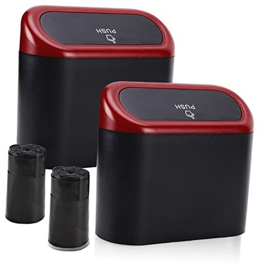 Car Trash Can with Lid Packs Mini Vehicle Trash 2 Black/Red Lid, Black/Red Lid