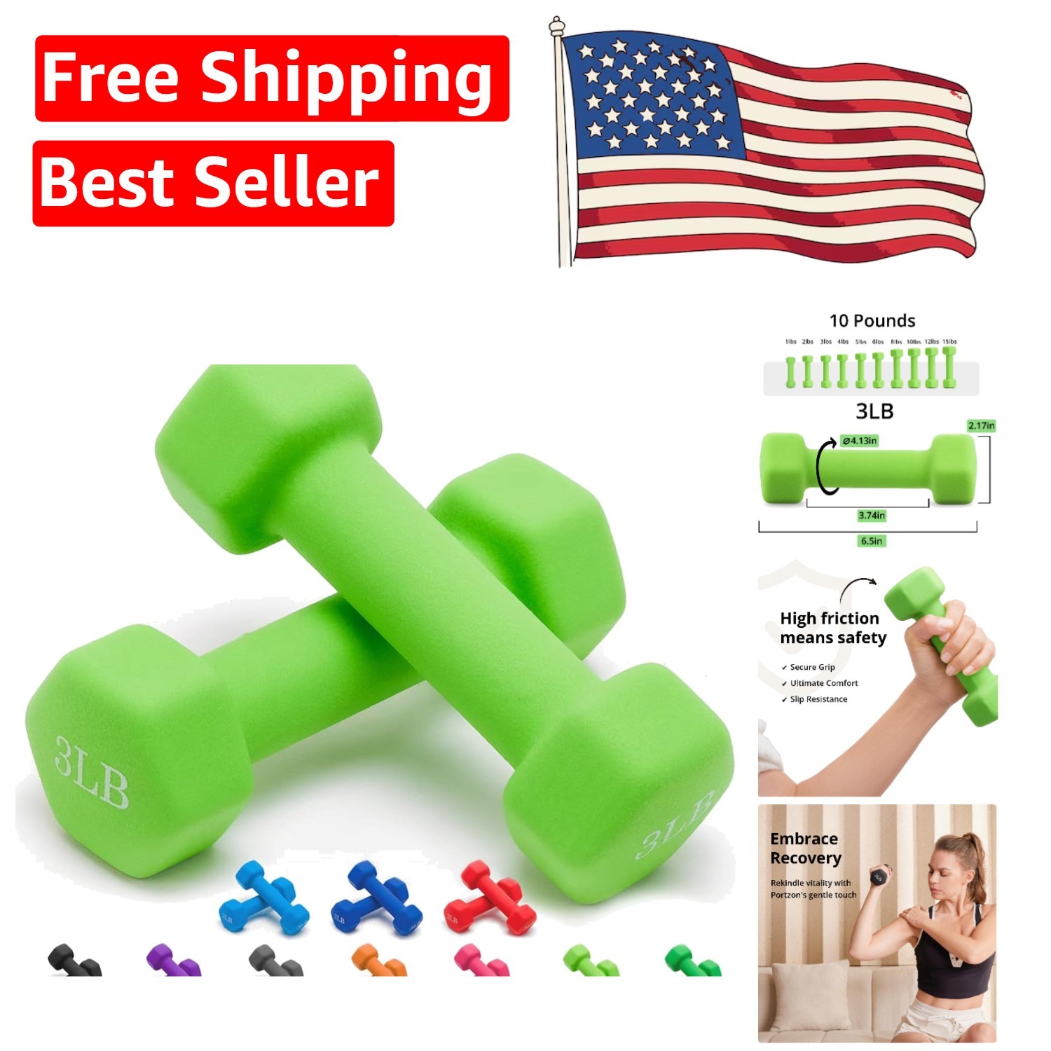 Set of 2 Neoprene Dumbbells (1-15 LB) - Anti-Slip, Hex for Whole Body Fitness