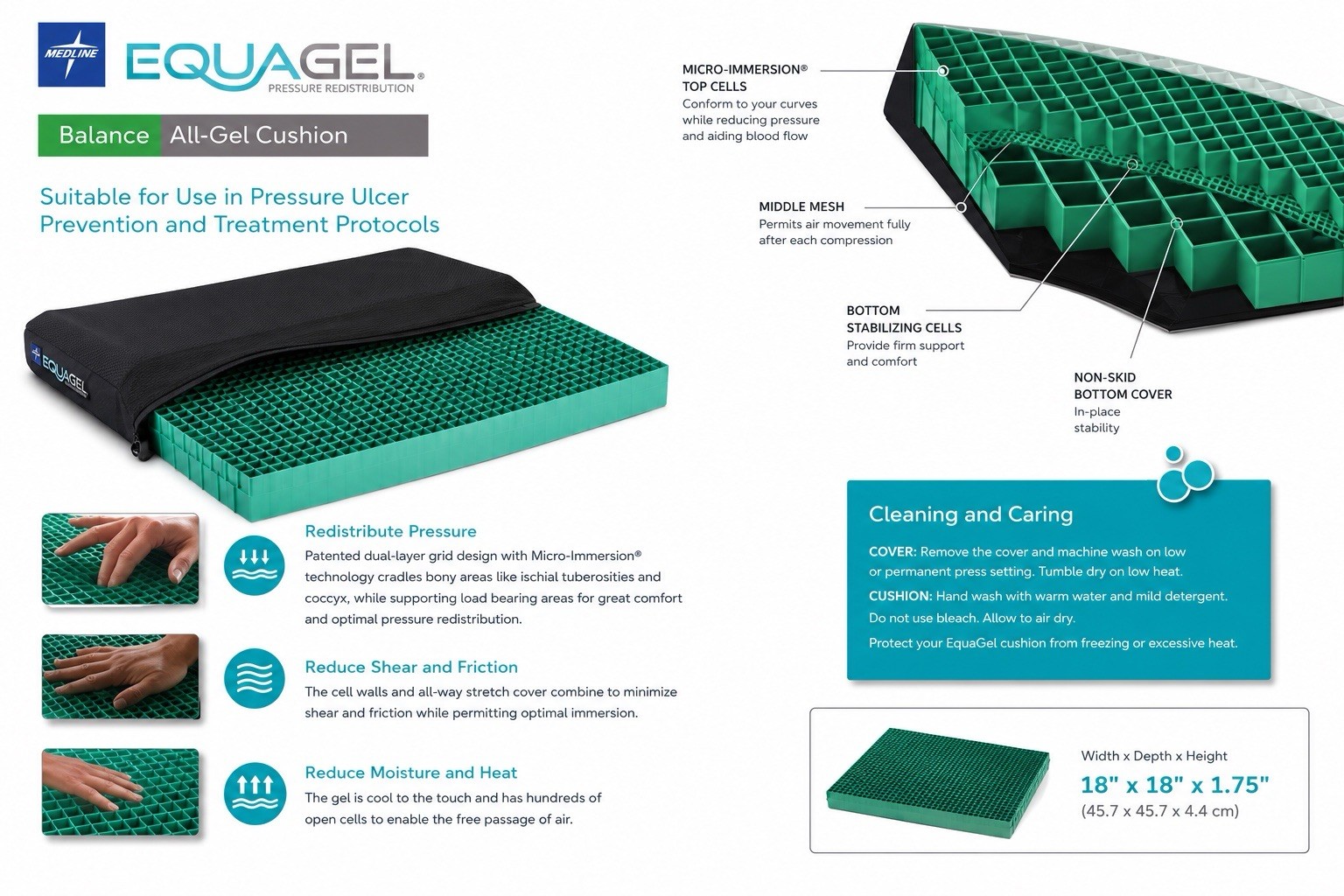 Medline EquaGel Balance All-Gel Cushion 18” x 18” x 1.75” MSCEQBAL1818 New