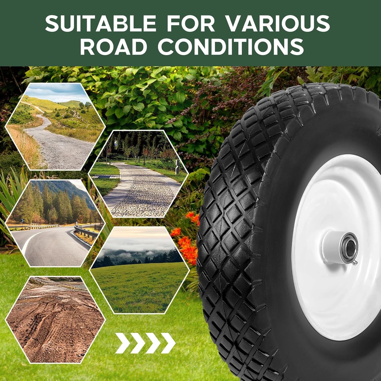 2 PCS 16 Inch Rubber Solid Flat Free Replacement Tires and Wheels 4.80/4.00-8