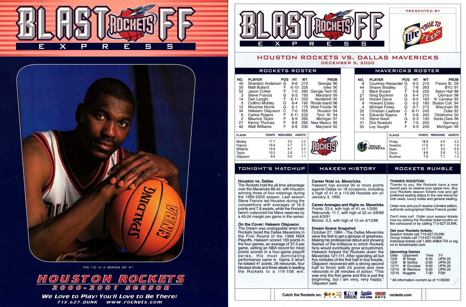 HAKEEM OLAJUWON Houston Rockets December 2000 Blastoff Game Card vs Mavericks
