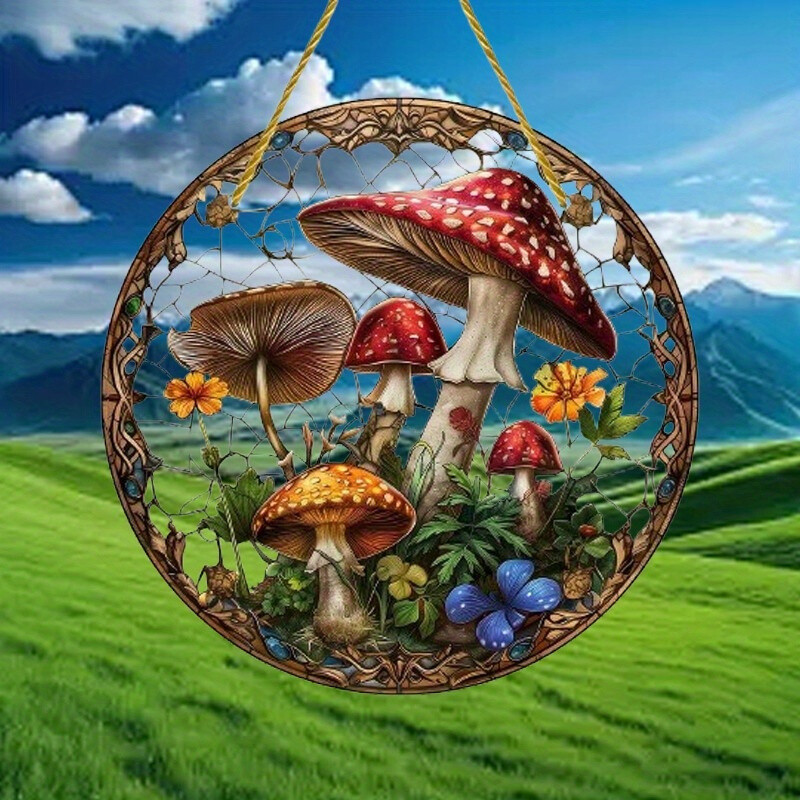 1 Piece Vibrant Mushroom Pattern Acrylic Round Light Catcher Home Decoration