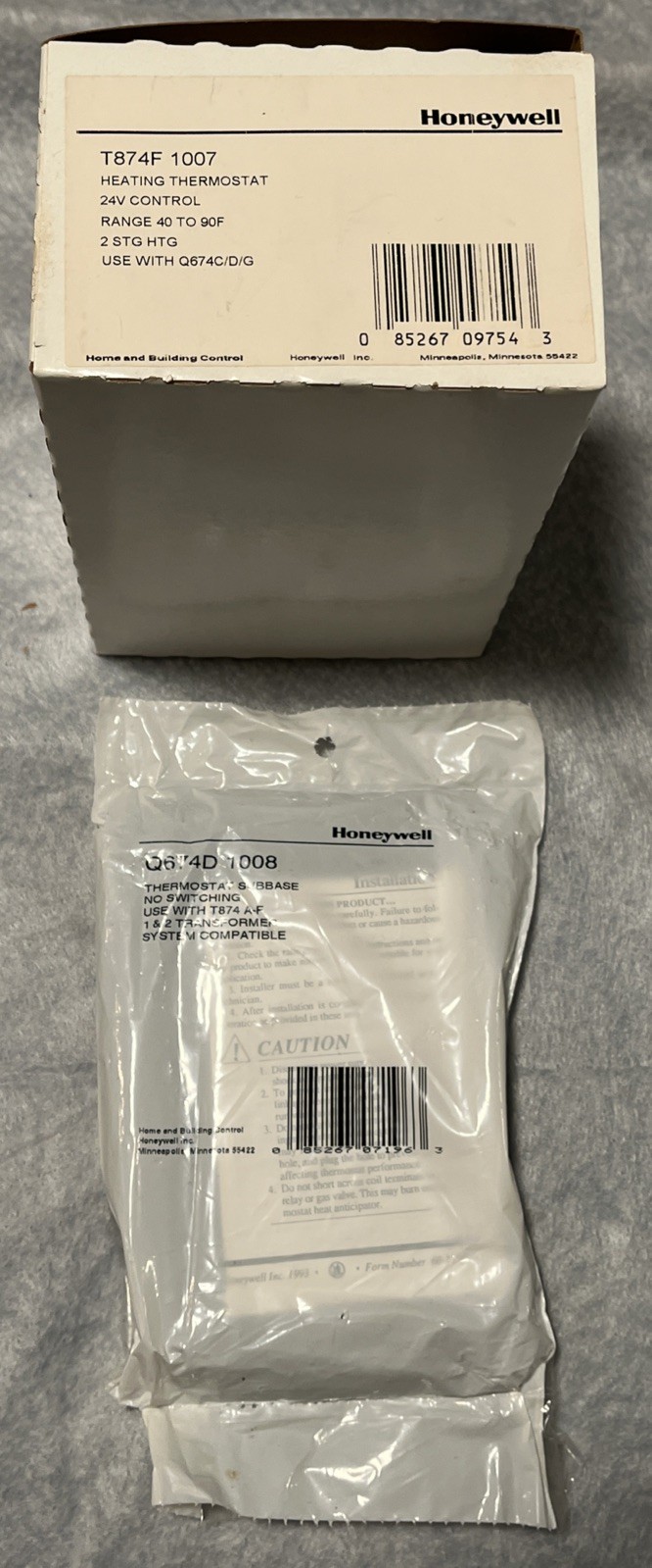 Honeywell (OEM Trane) T874F 1007 & Q674D 1008 Thermostat & SubBase Set RT-2