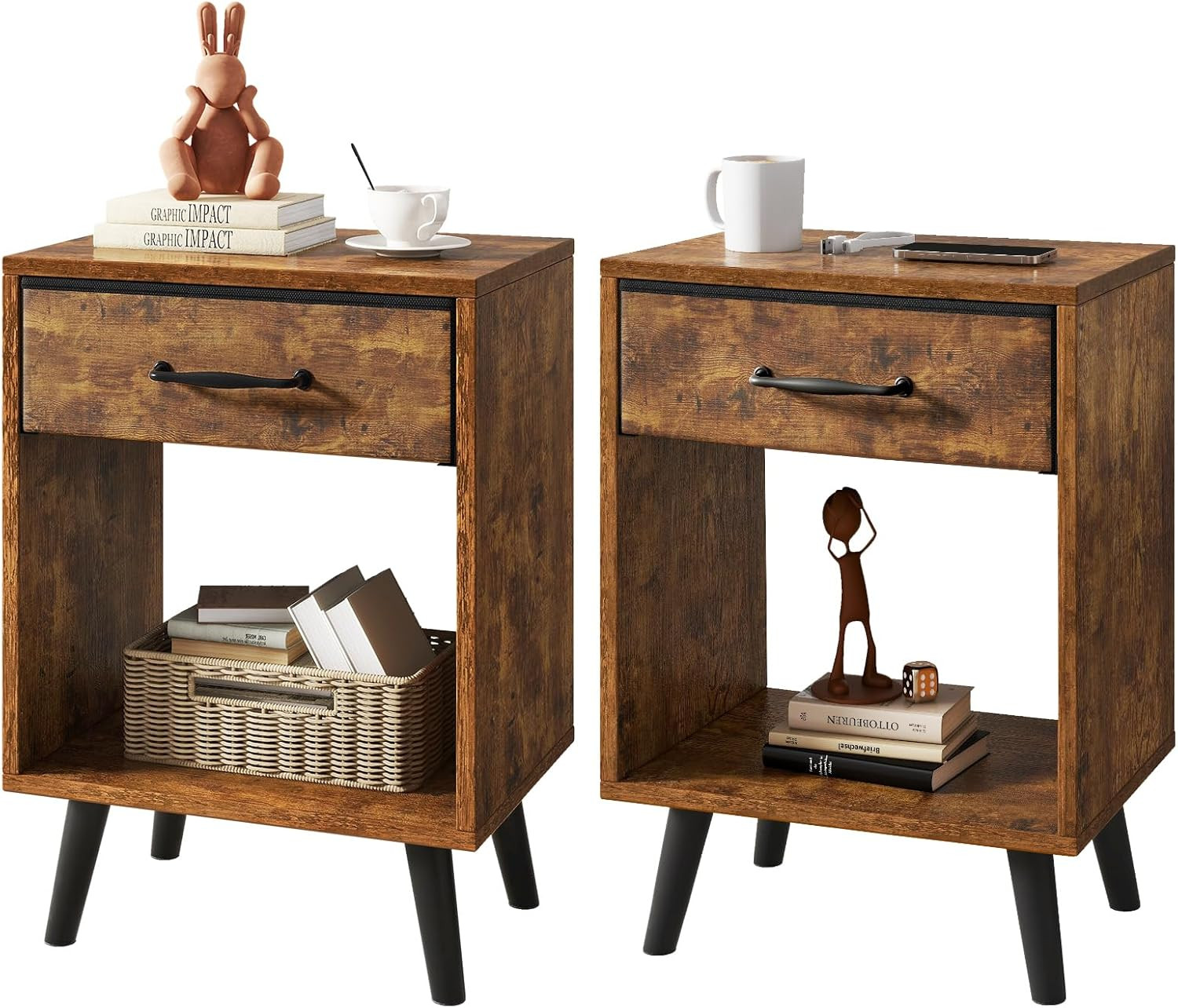 Rustic Nightstand Set of 2 with Fabric Drawer and Solid Wood Legs