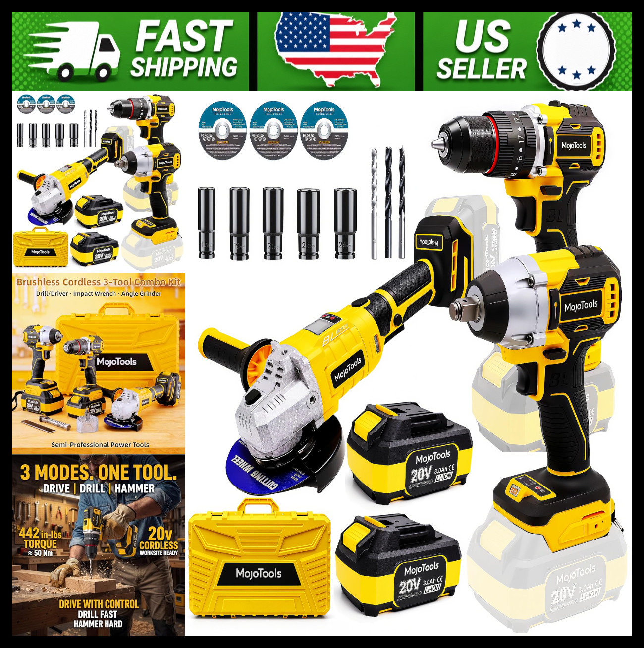 Brushless Cordless Power Tool Combo Kit Drill Driver Impact Wrench Grinder