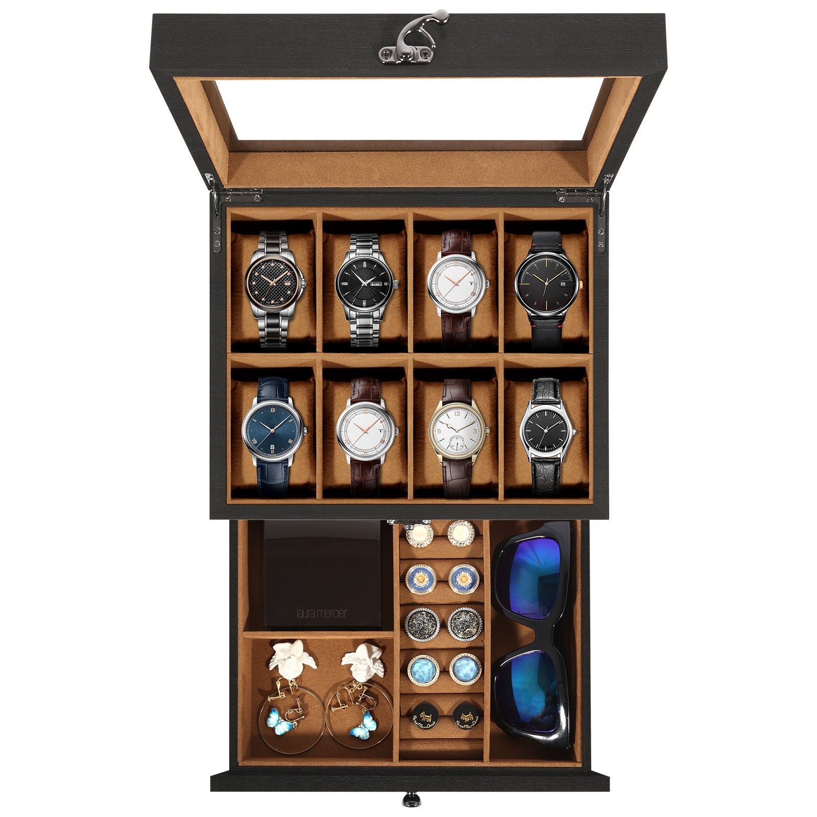 6/8/10/12 Slot Watch Box Single/Double Layer Charred Paulownia Wood Jewelry Case
