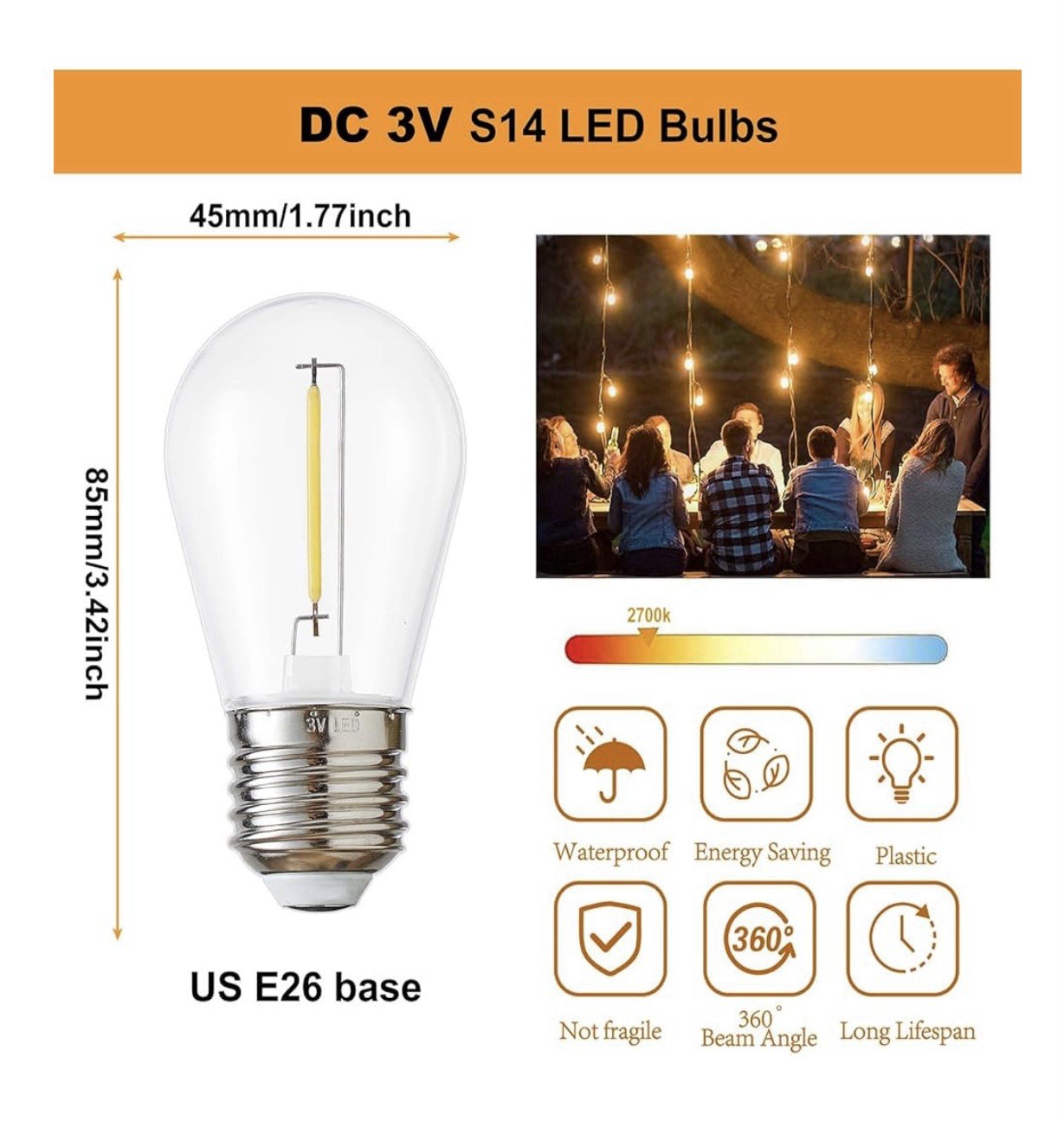 Energy-Efficient S14 LED String Light Bulbs Replacement Solar-Powered, 16 Bulbs