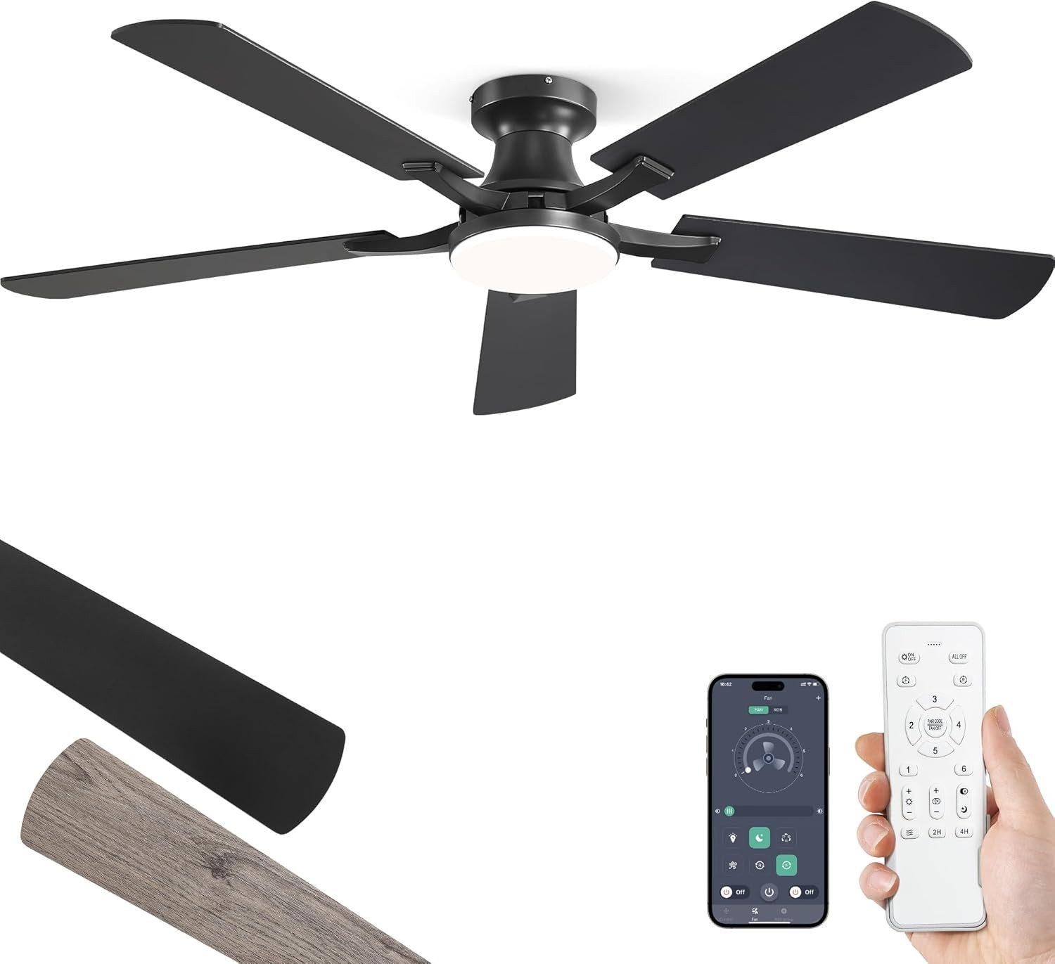 52 Inch Ceiling Fan with Light, App & Remote Control, Flush Mount Low Profile