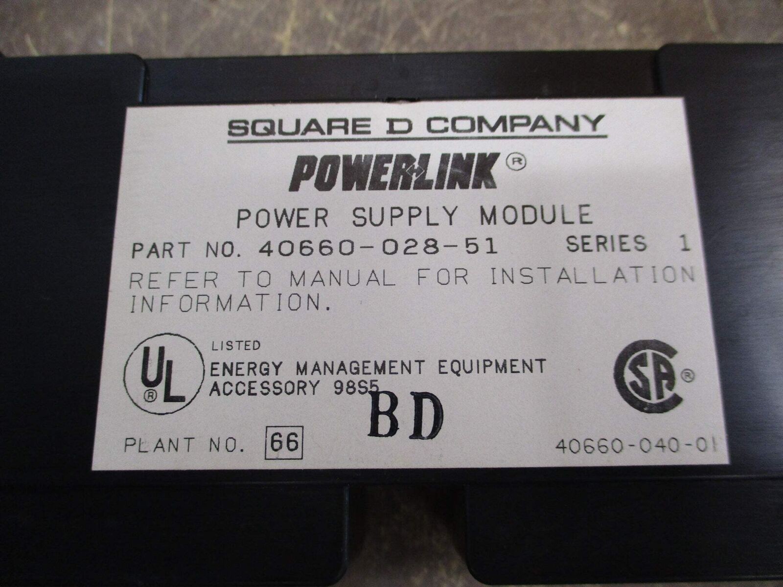 Square D Powerlink Power Supply Module 40660-028-51 Ser. 1 Used