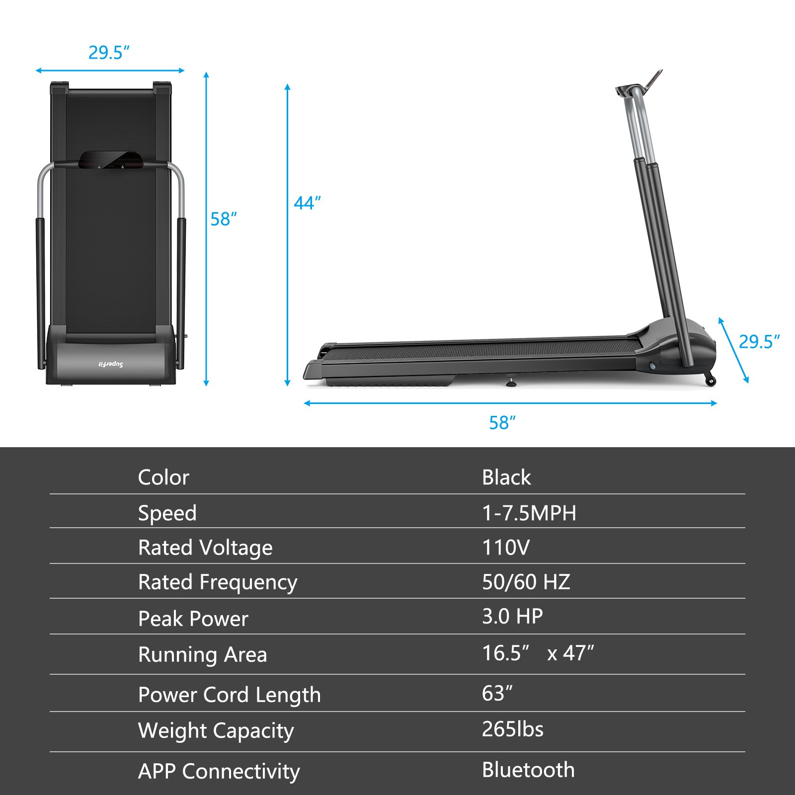 Folding 3HP Treadmill Compact Walking Jogging Machine W/Touch Screen APP Control