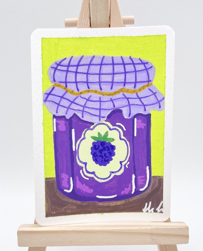 Purple Raspberry Jam Glass Jar Original OOAK Collectable Mini Art Card Healy
