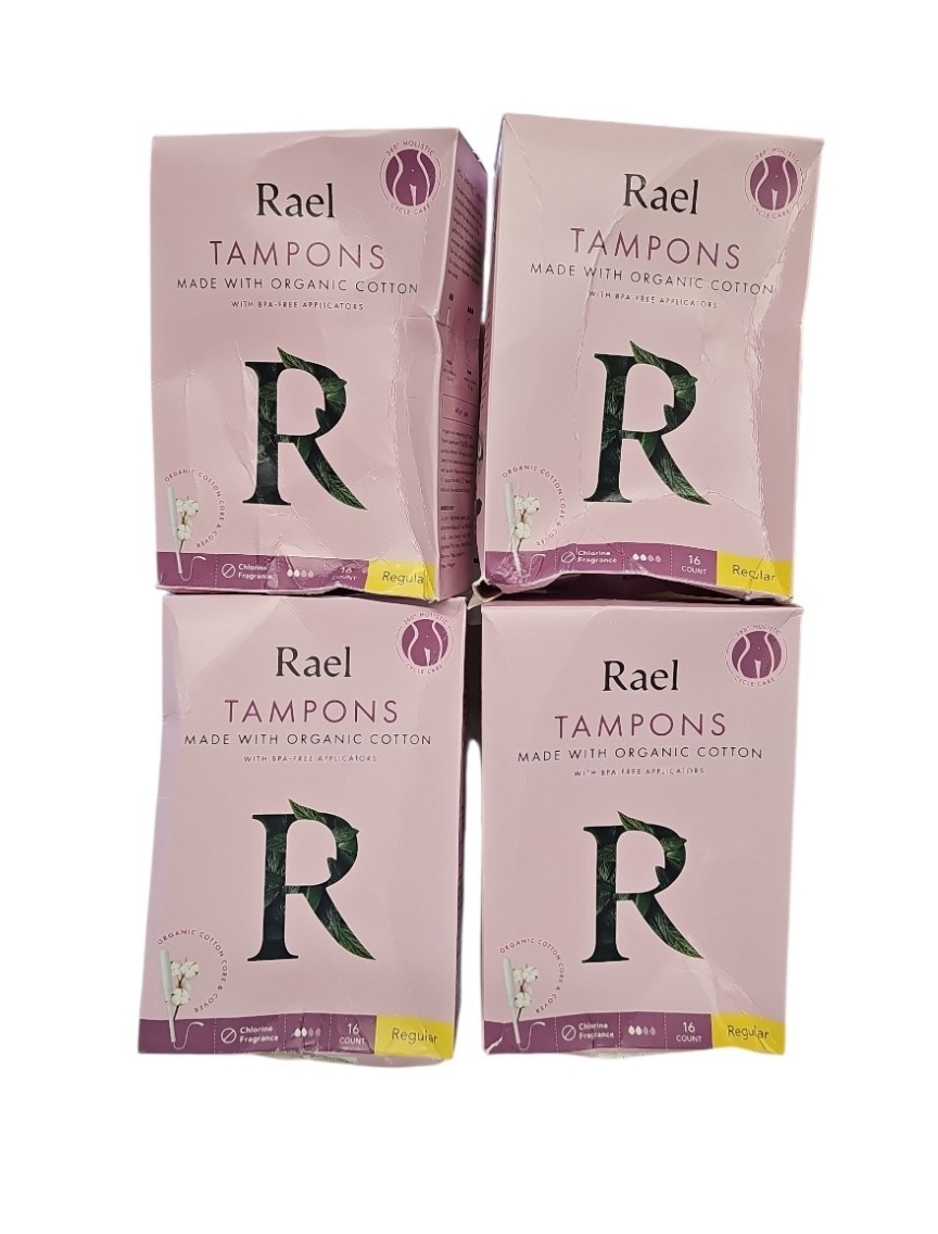 4 Pack Rael Tampons Organic Cotton BPA-Free - 16 ct Ea. REGULAR Damaged Boxes