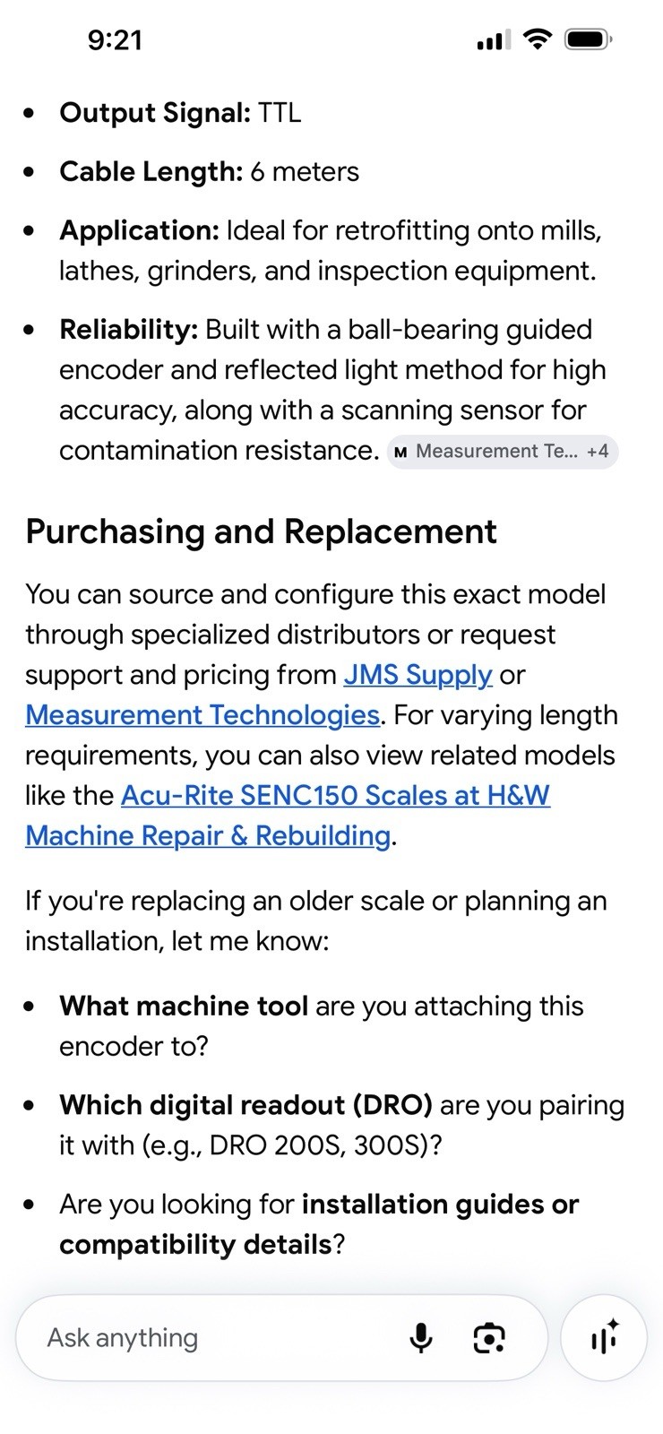Acu-rite Linear Encoder. Senc 150. 100” Scale 558125-91. 19’ Armor