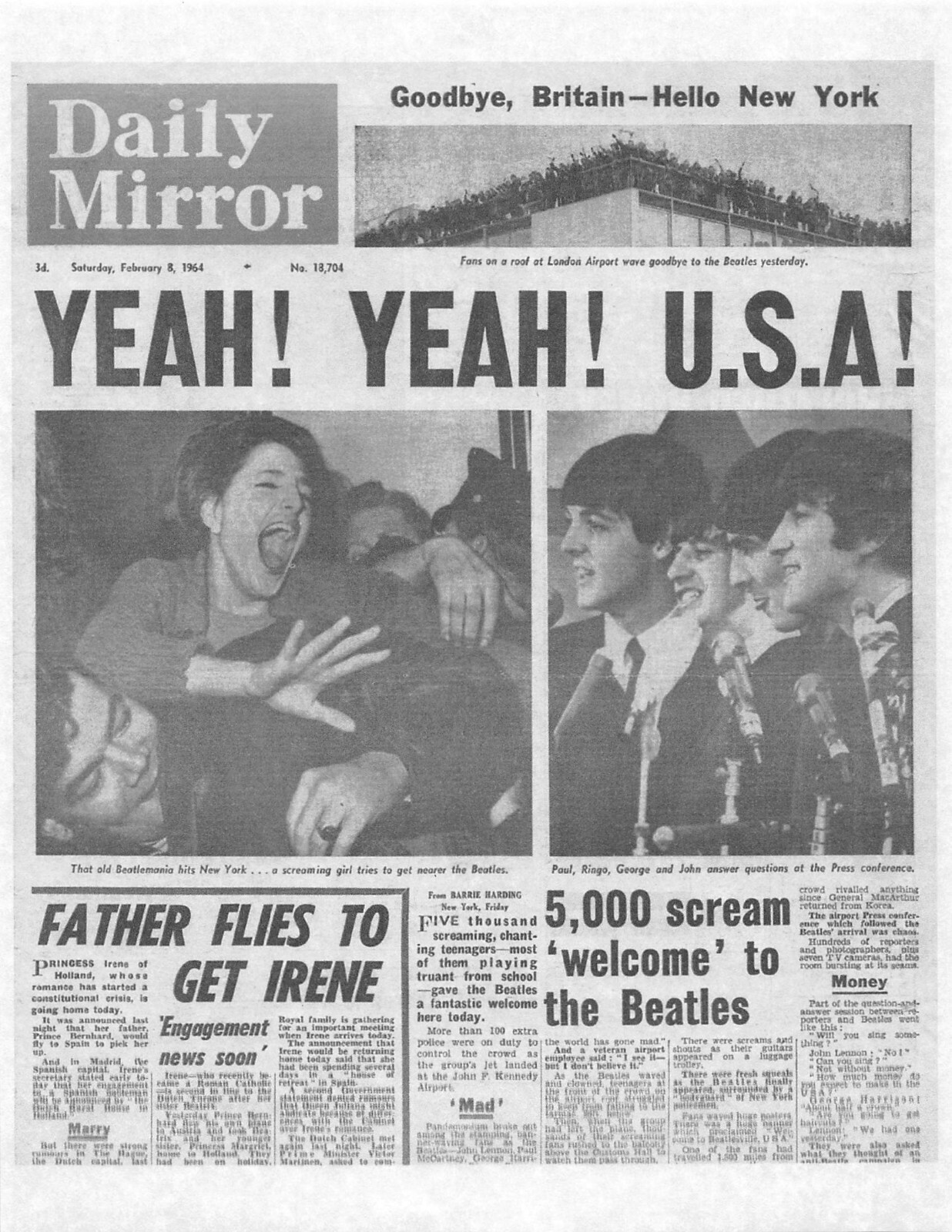 1964 Daily Mirror THE BEATLES land in United States YEAH YEAH USA McCartney