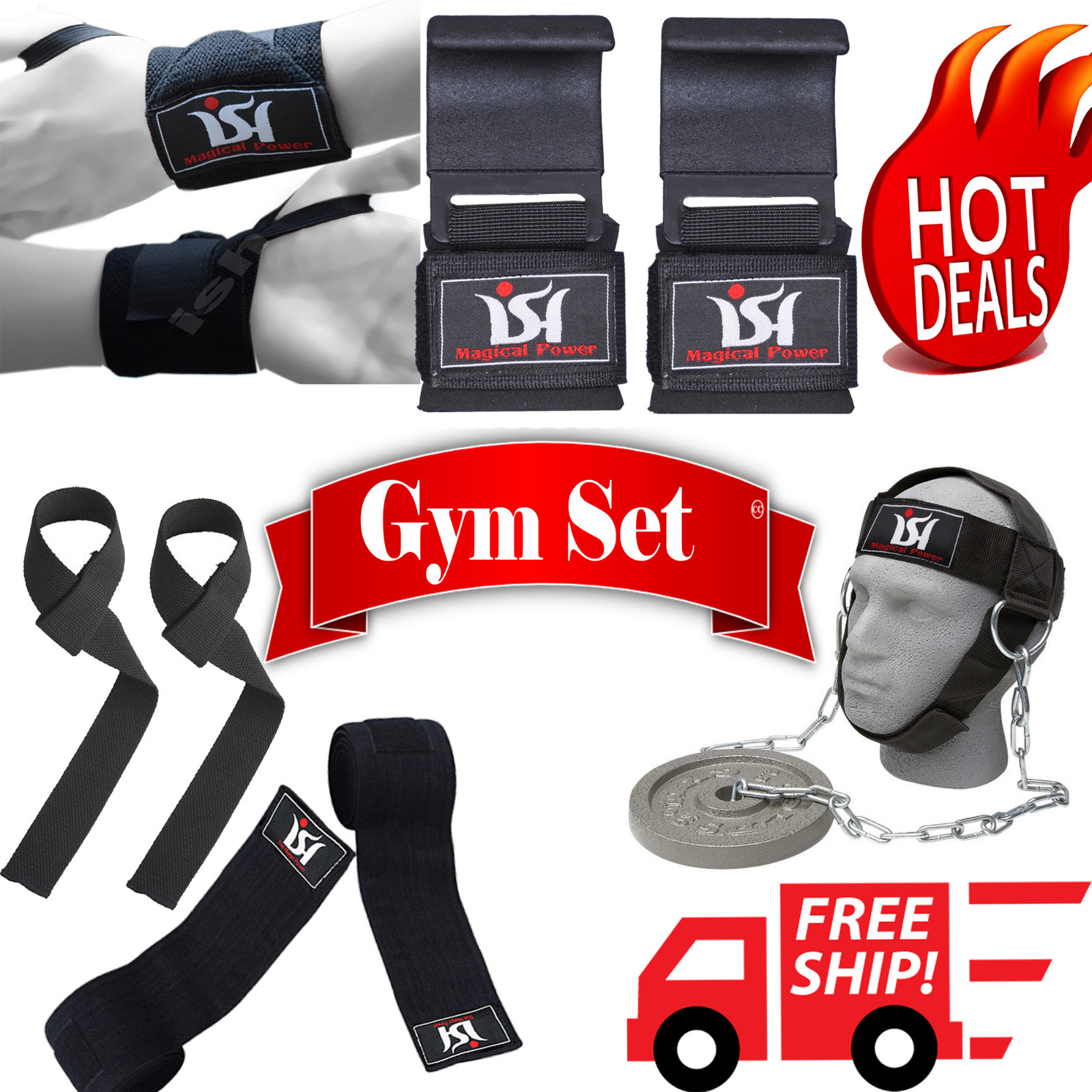 Gym Weight Lifting Set Knee Wraps Wrist Wraps Head Harness Hooks Straps Training