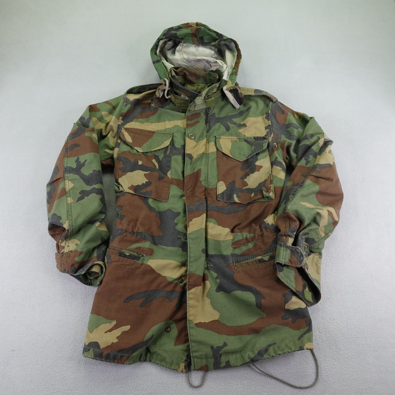 Vintage US Army Jacket Mens XS Long Green Woodland Camo Cold Weather Field Coat