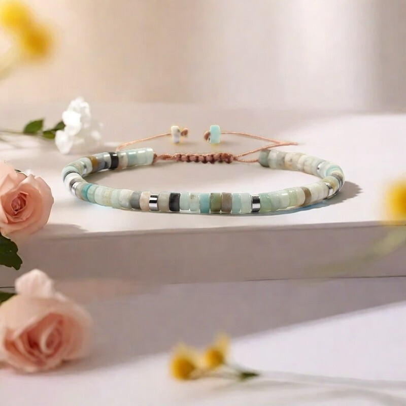 Natural Light Amazonite 2*4 Tube Beads Healing Charka Lucky Wax Rope Bracelet