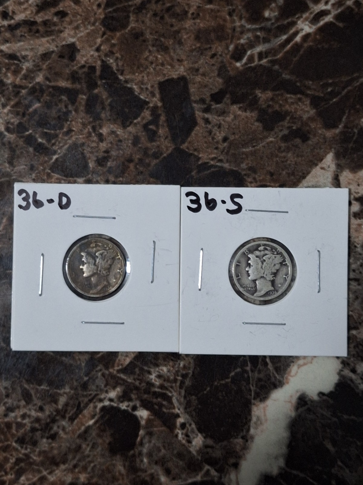1936 D S Mercury Dimes lot of (2) Coins - 90% Silver