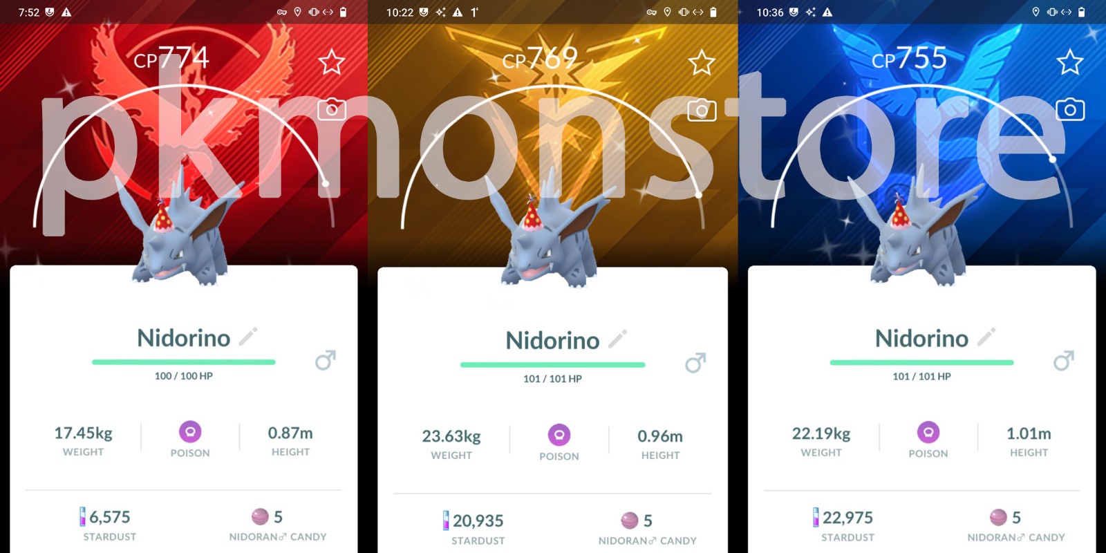 Shiny Nidorino party hat team Instinct Valor Mystic background - PTCs 0r Trade