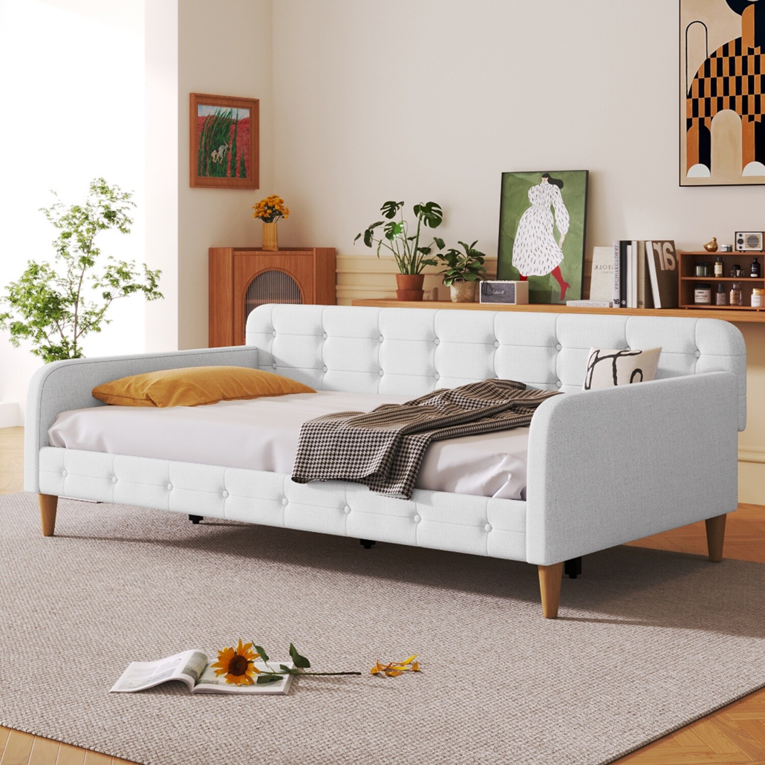 Twin/Full Size Daybed Upholstered Bed Frame Sofa Bed with 4 Legs Beige/Rubine
