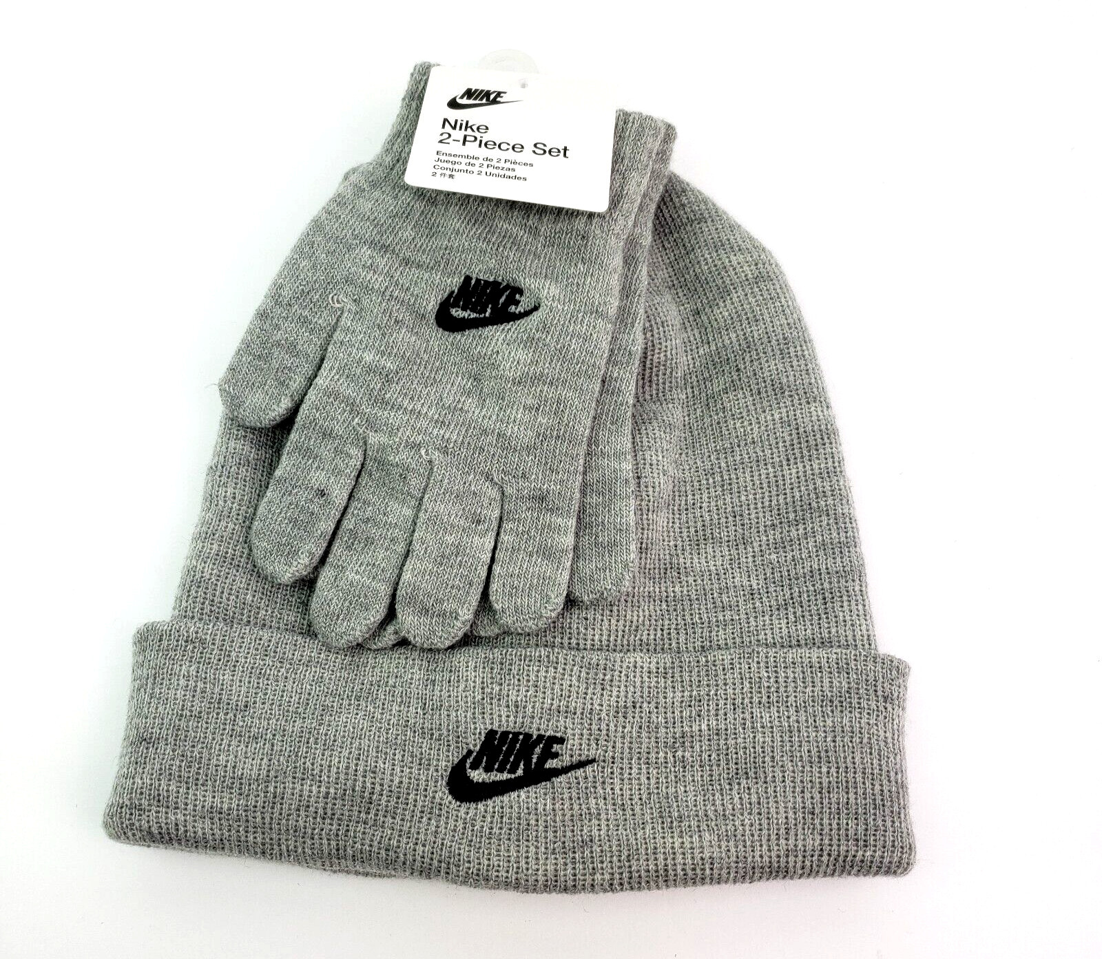 Nike Youth Sz 8/20 Heather Gray Black Knit Warm Winter Beanie Hat Gloves 2Pc Set