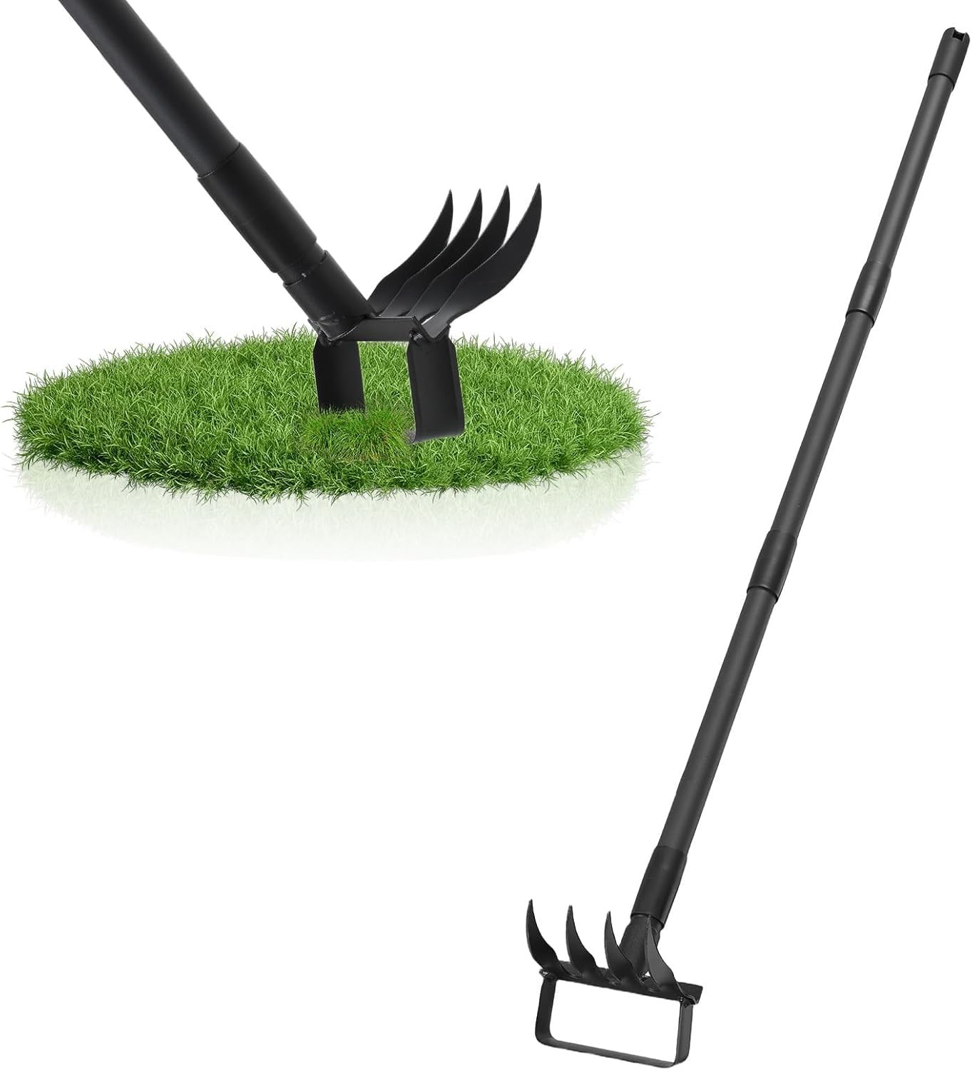 Weed Puller 62.6 Inch Adjustable Handle Heavy Duty Stirrup Hoe 4 Tines Black