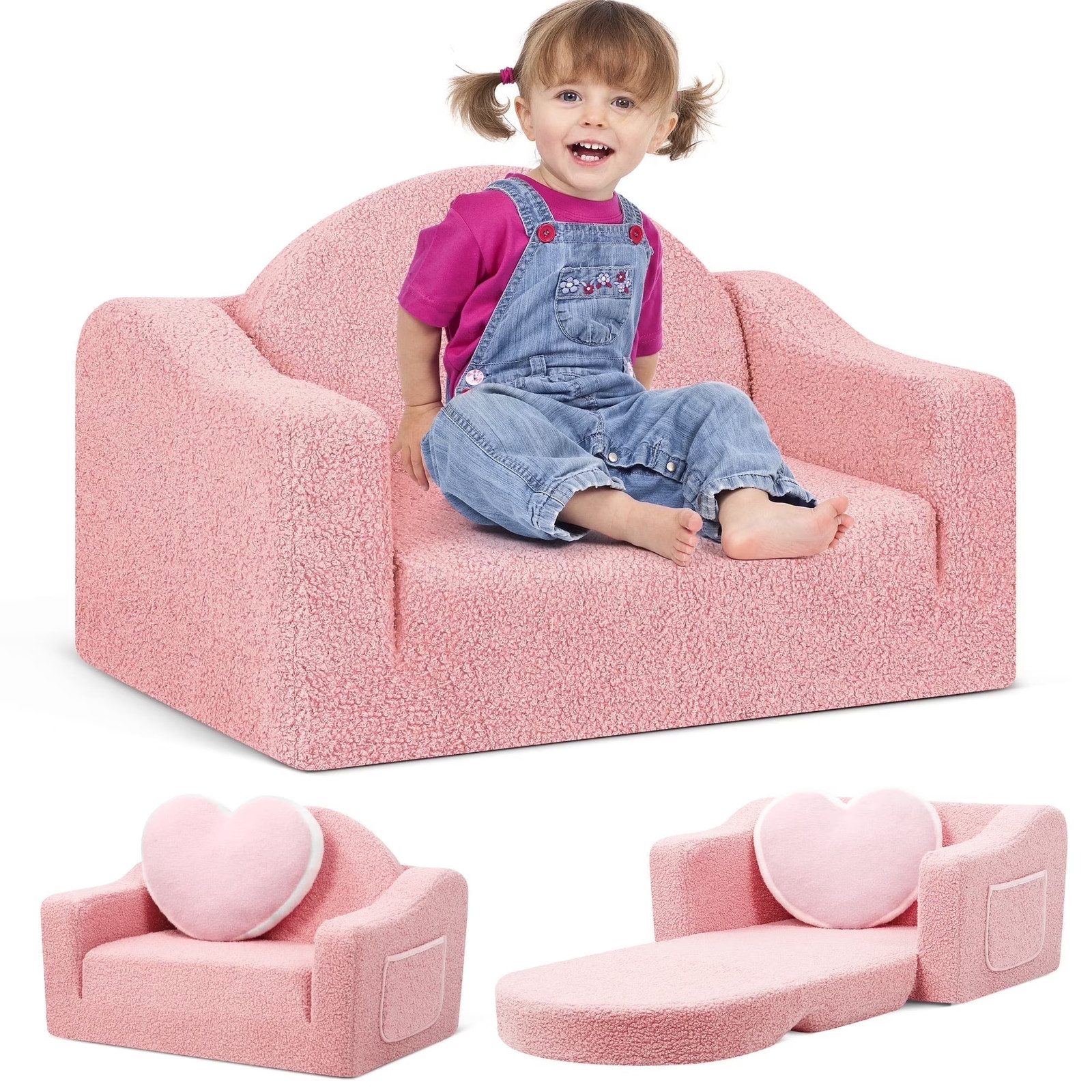 Kids 2-in-1 Toddler Couch Fold-Out Soft Convertible Chair Pink for Boys & Girls