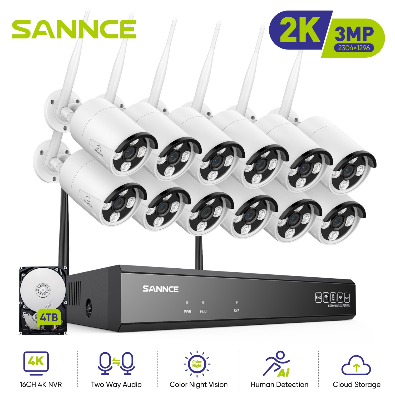 SANNCE 8MP 16CH NVR Wireless 3MP Outdoor Security Camera System Two Way Audio AI