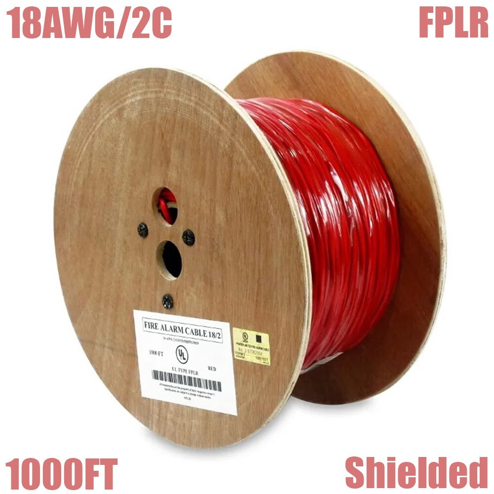 1000FT 18AWG/2C Shielded Fire Alarm Cable Solid Bare Copper Wire FPLR Cord Red