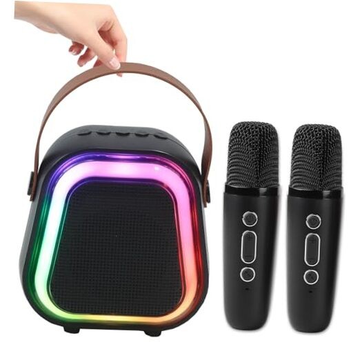 K269 Mini Karaoke Speaker with LED Lights, Portable Bluetooth Black+2 Mic