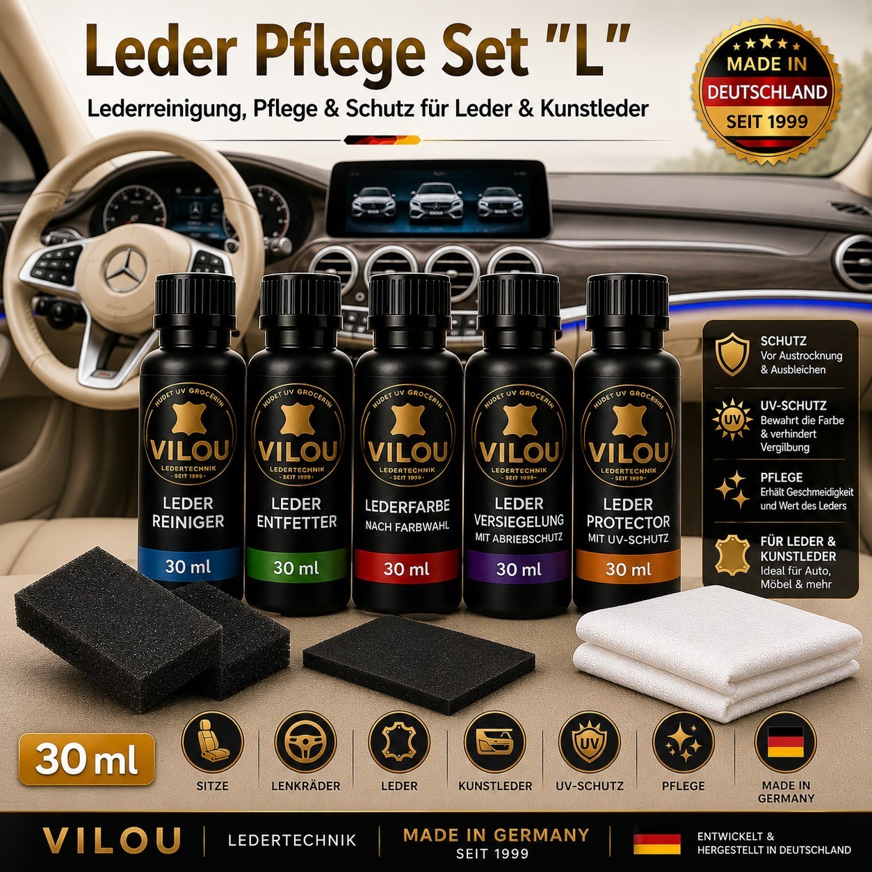 30 ml Mercedes leather care set "L" leather color leather paint by "Vilou"