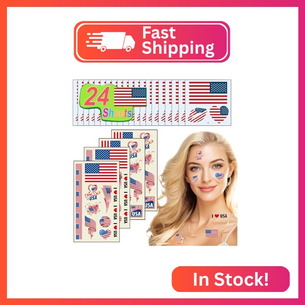 24 Sheets USA Flag Tattoos America Independence Day Face Temporary Tattoos Stick