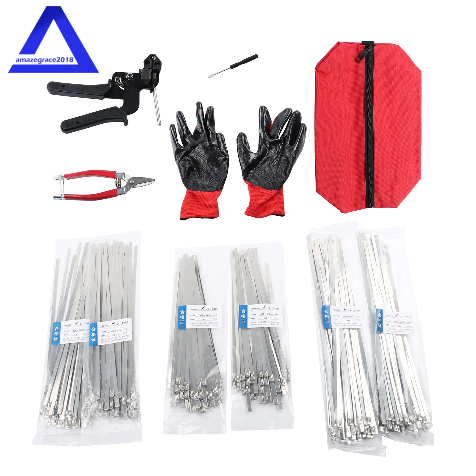 Stainless Steel Zip Ties Gun Set, w/ 300Pcs Metal Zip Ties (7.8, 9.8, 11.8 in)
