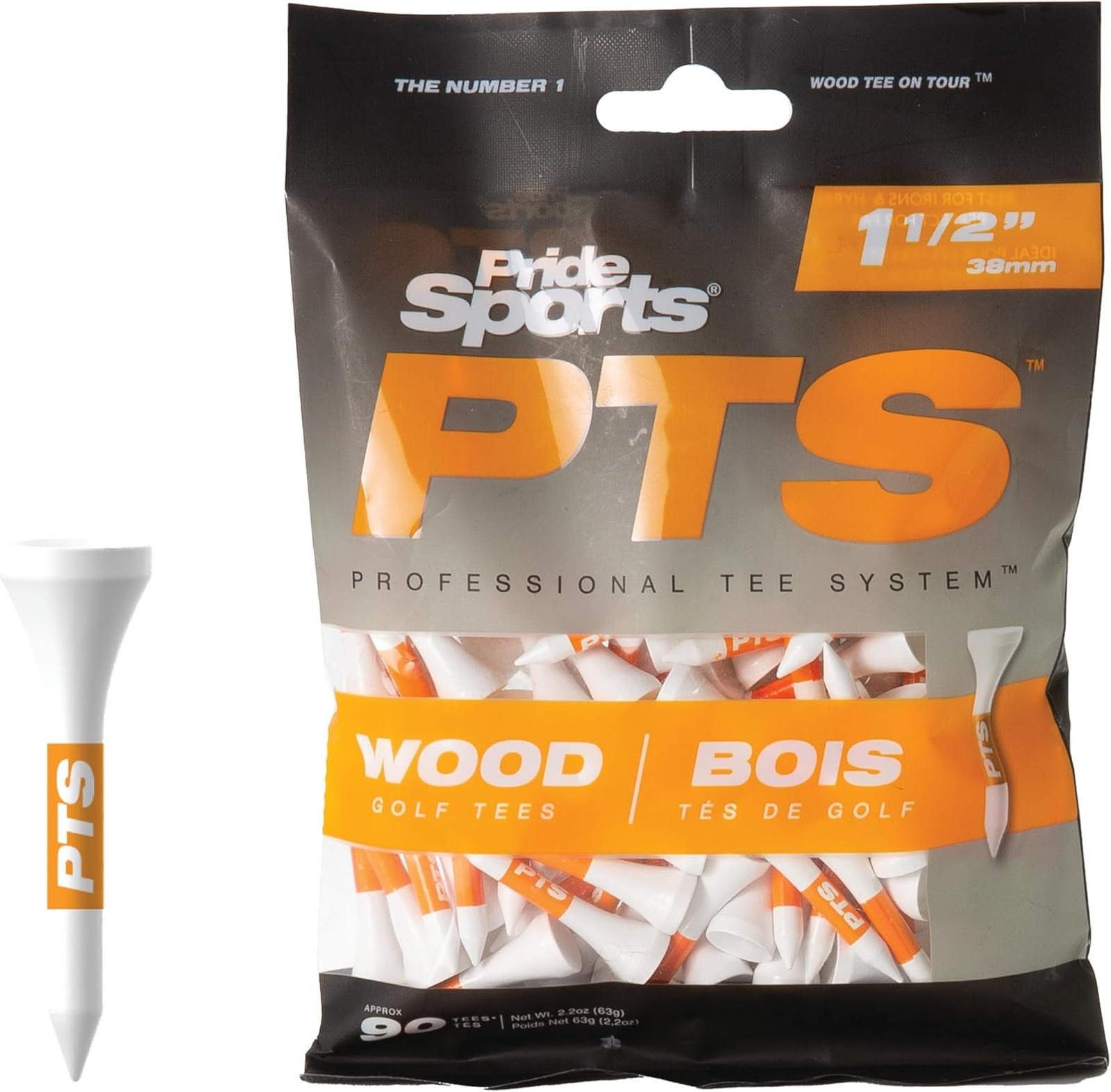 Wood Golf Tees 1-1/2 Inch, 90 Count, Natural Hardwood for Irons, Hybrids, Woods