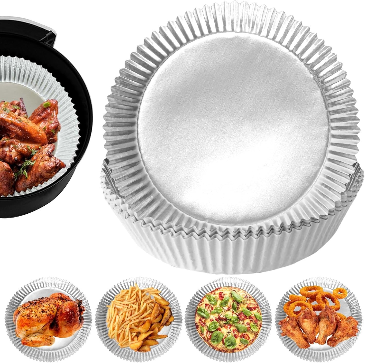 100 PCS Aluminum Foil Air Fryer Liners, Non-stick 6.3Round-100PCS, Silver