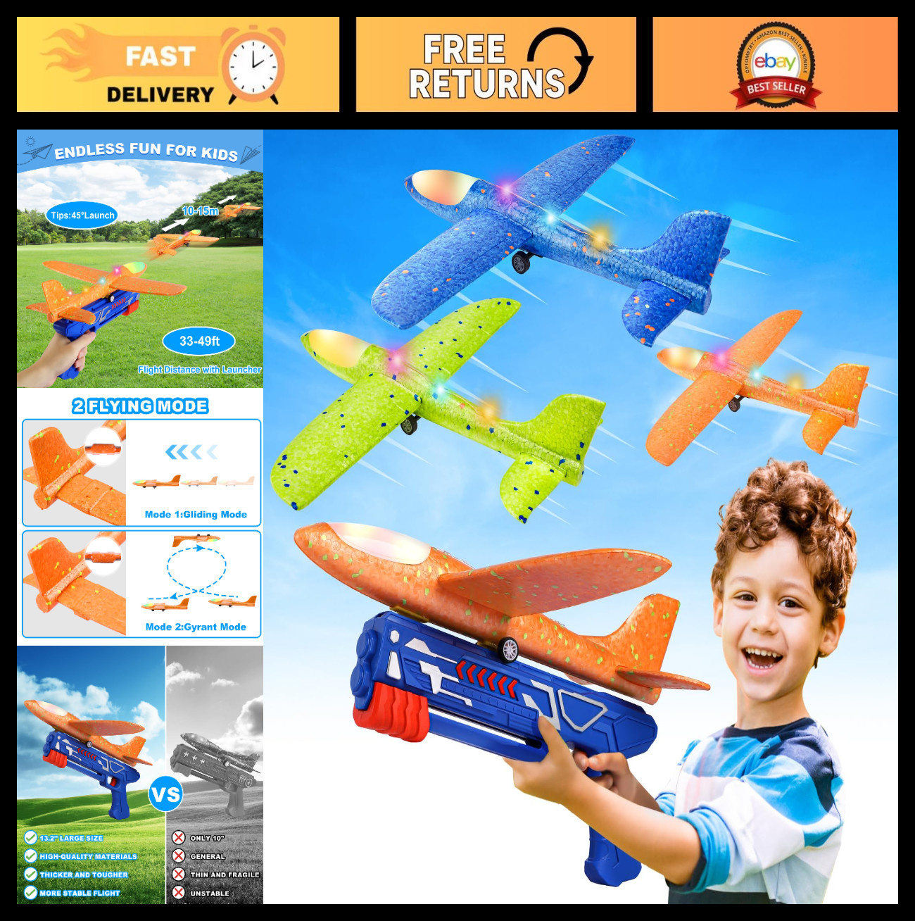 3 Pack LED Foam Glider Airplane Launcher Toys | Catapult Plane for Kids 4-12, 2