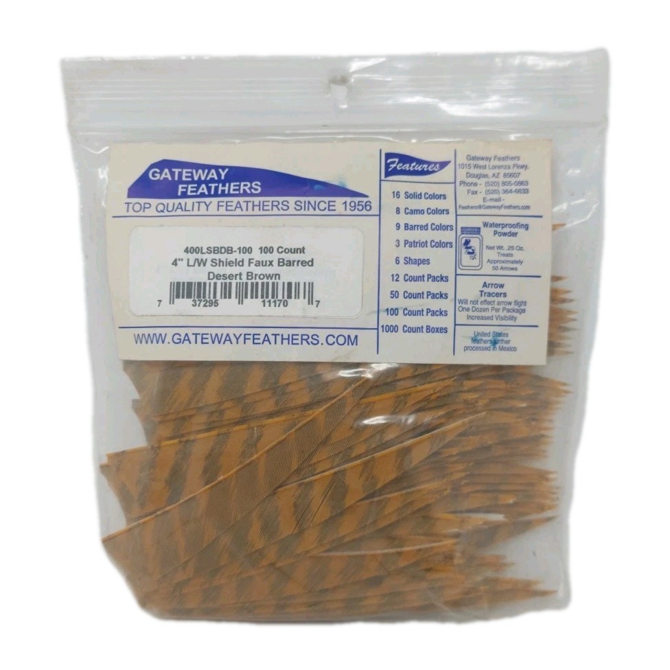 100 Pack Gateway Feathers 4" Left Wing: Shield Faux Barred Desert Brown 400LBDB