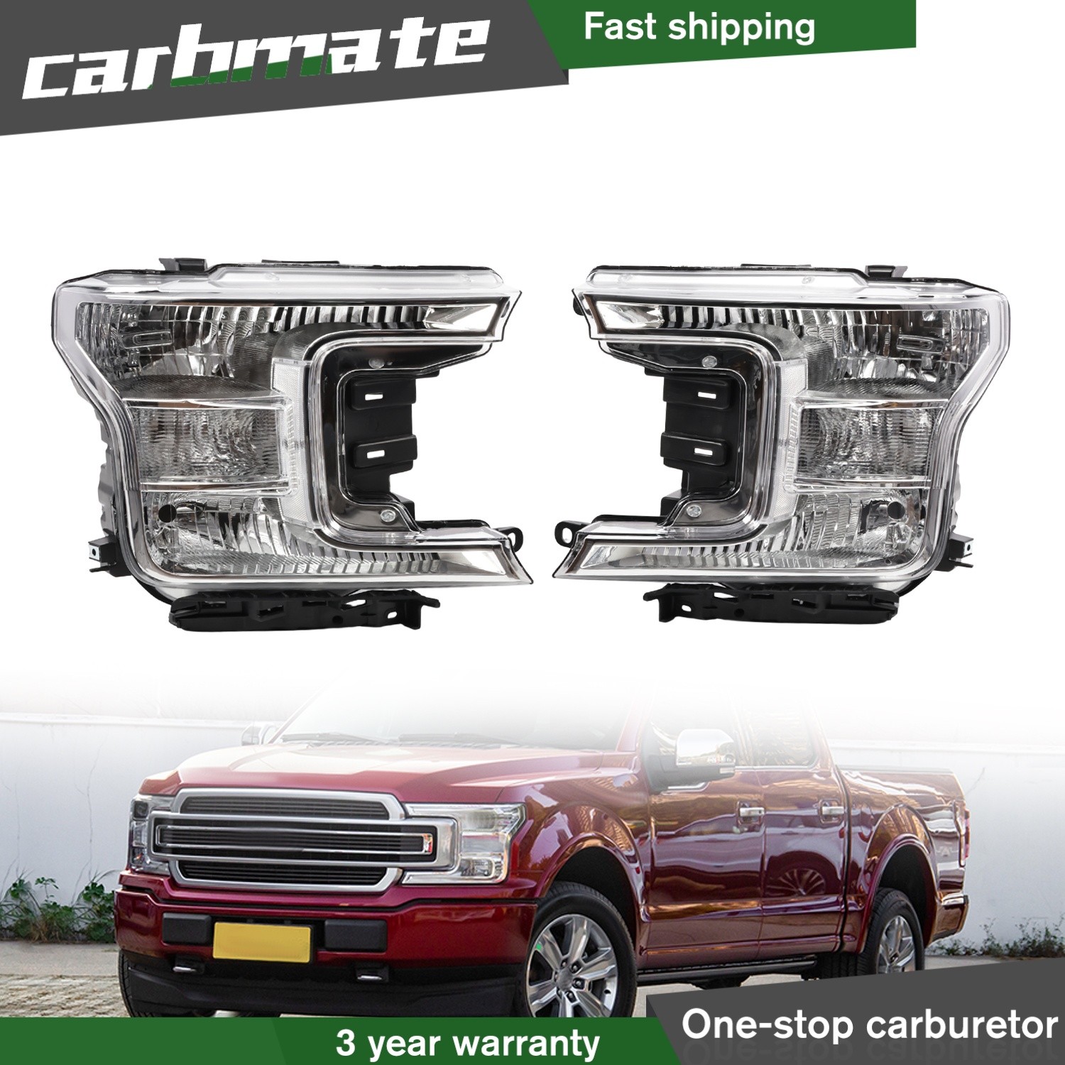 For 2018-2020 Ford F150 Chrome Clear LH&RH Headlights Pair Lamps Pickup Truck