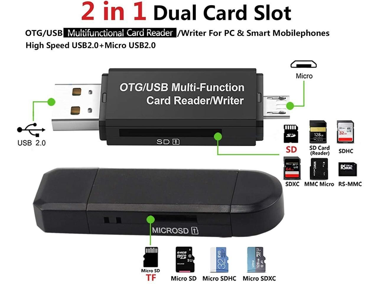 Micro USB OTG to USB 2.0 Adapter SD/Micro SD Card Reader With Standard USB Male