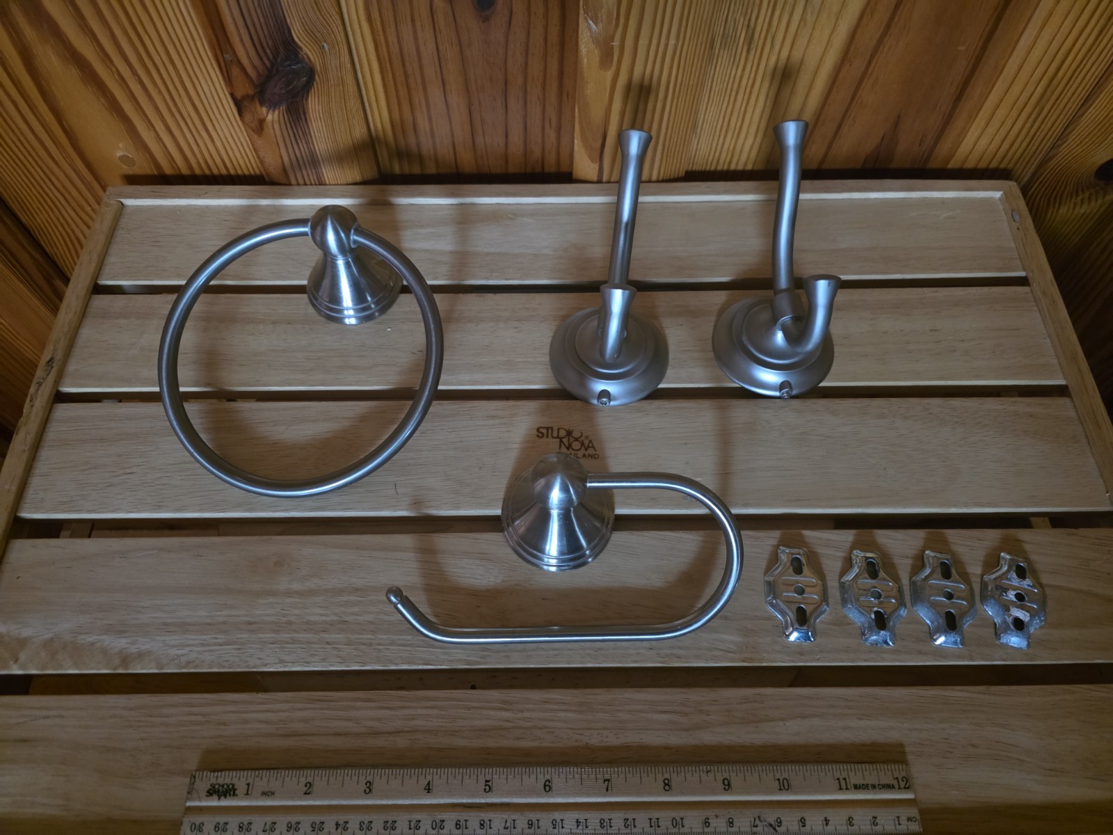 4 Piece Bath Hardware Accessories 2 Dble Hooks/Ring/TP Holder Brushed Nickel