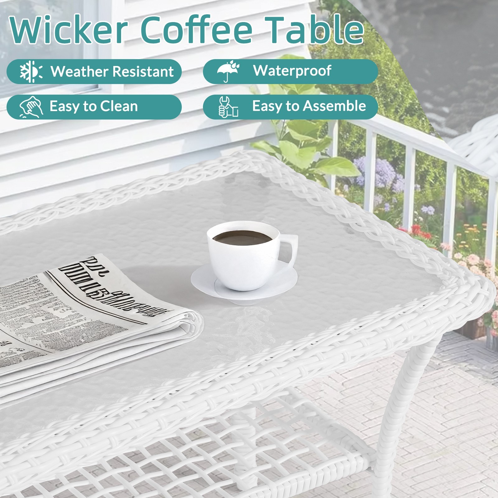 Outdoor Side Table Small Patio End Table Coffee Table with Tempered Glass Top