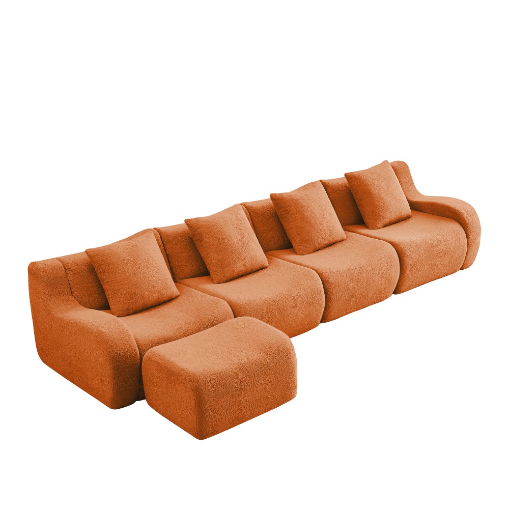 L-Shaped Teddy Fabric 4-Seat Sofa w/ Curved Armrest & Anti-Slip Design, Orange