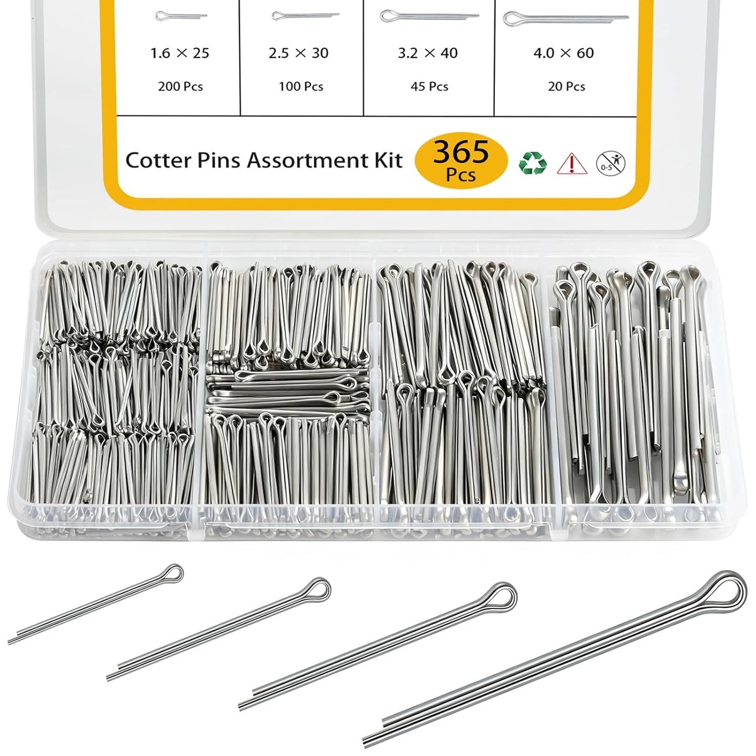 Cotter Pin Assortment Kit 365 Pcs, 304 Stainless Steel 4 Sizes Cotter Pins, Hard