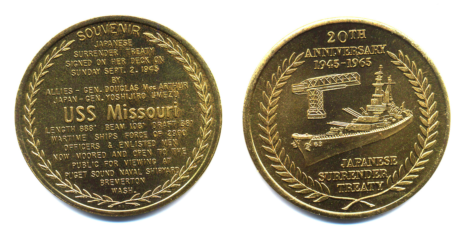 1965 USS MISSOURI commemorative COIN 20th anniversary of the end WW II  39mm