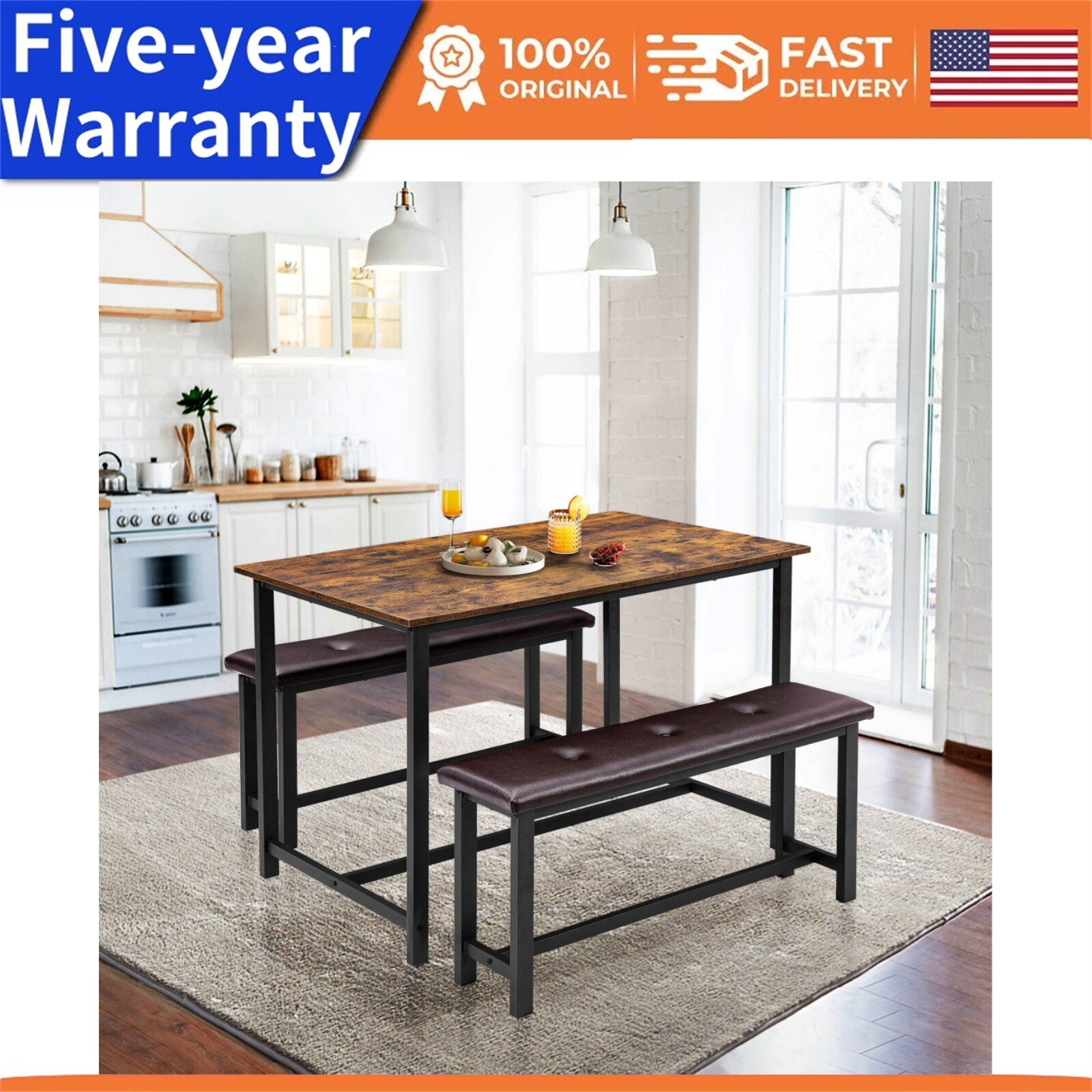 4PCS Kitchen Table Set with 2 Benches Dining Table Set with Upholstered Benches