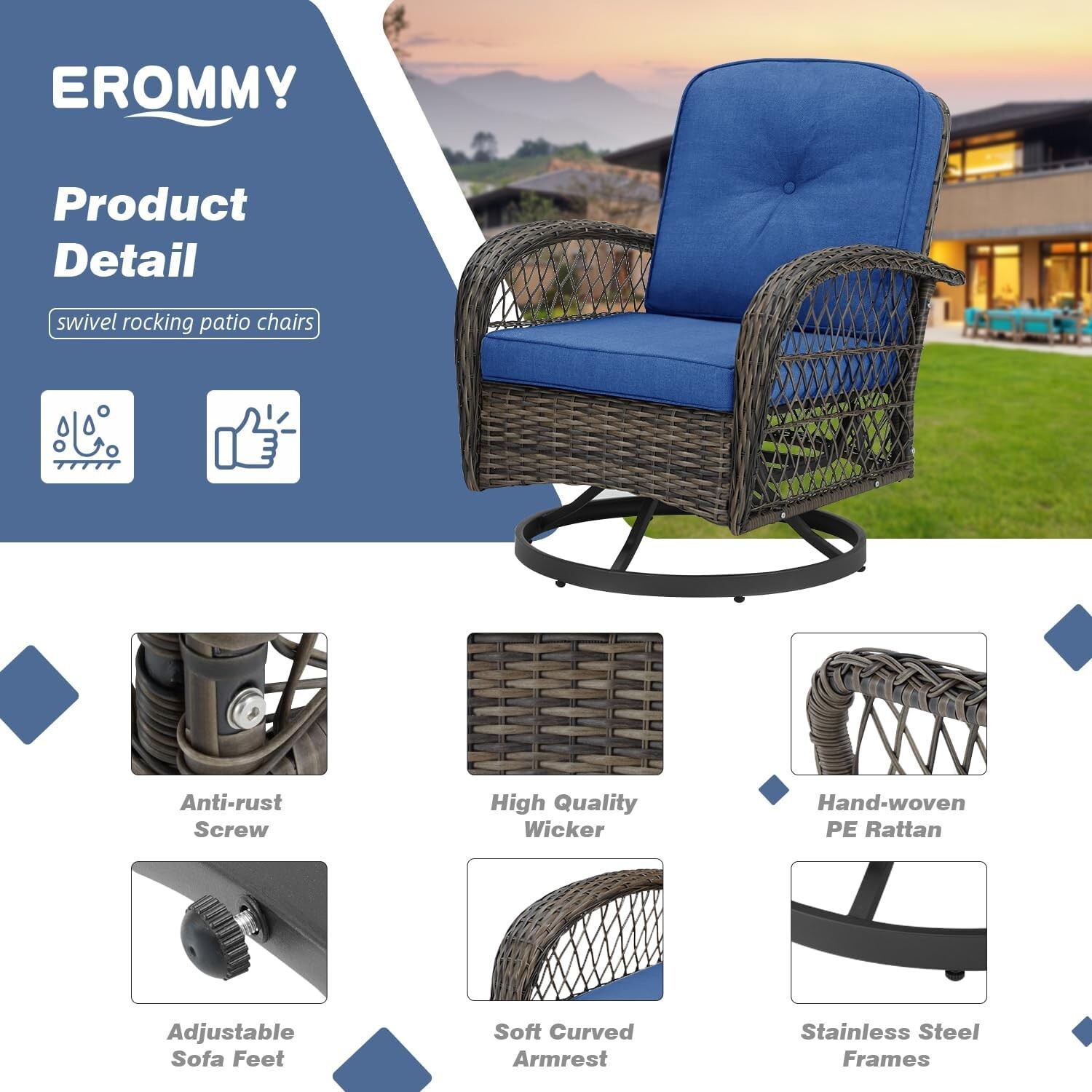 Rattan Conversation 3 Pc Furniture Set Patio BLUE Chairs All Weather Outdoor