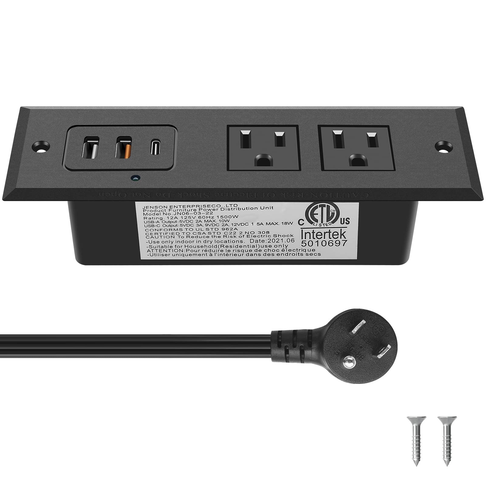 Recessed Power Strip 20W USB C Fast Charging A Desk Outlet 6FT Flat Plug Black