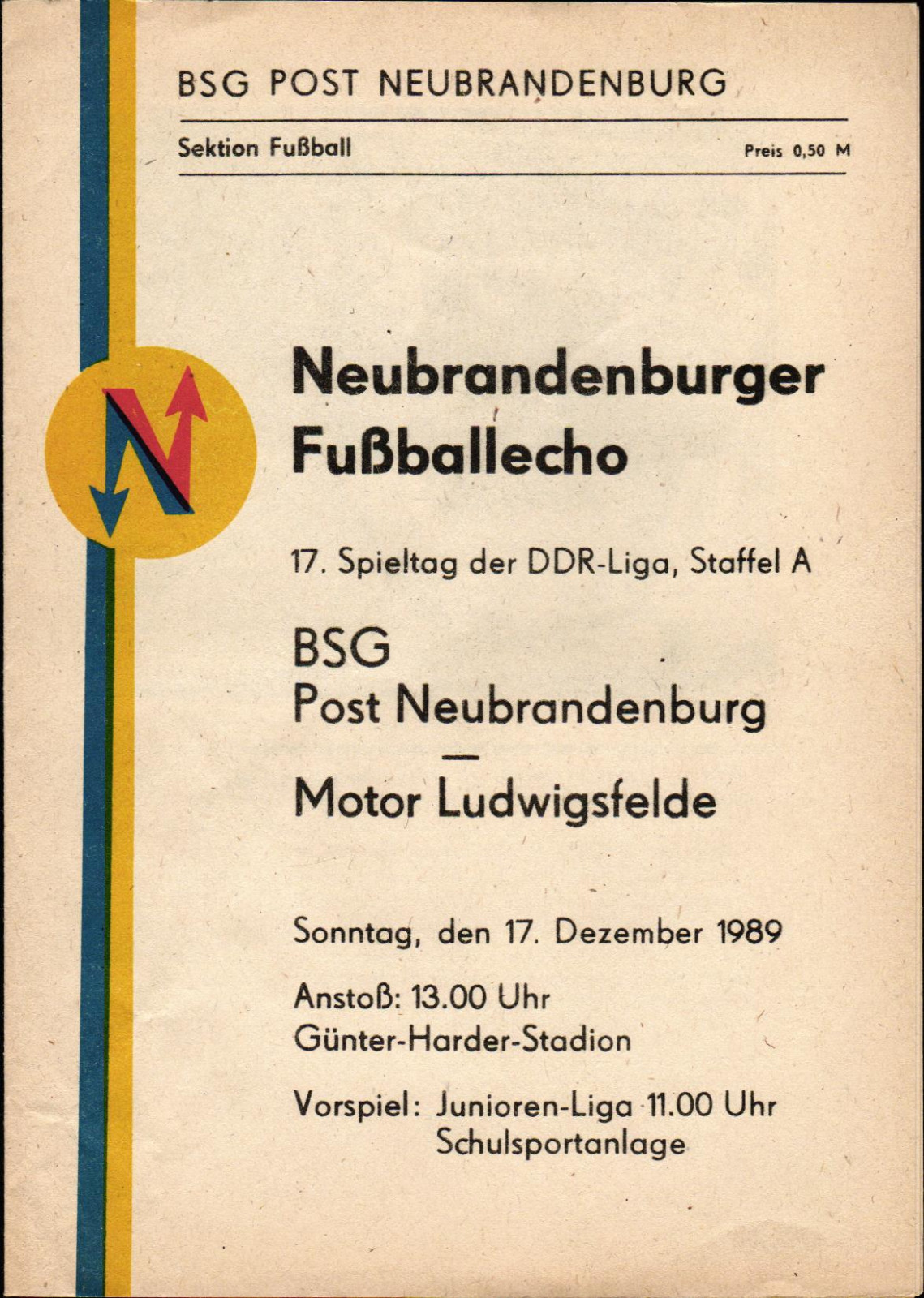 DDR League 89/90 BSG Post Neubrandenburg - Motor Ludwigsfelde, 17.12.1989